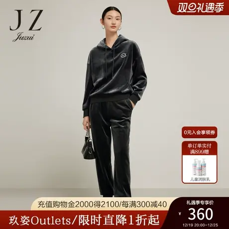 JZ玖姿官方奥莱暗云衫灰色丝绒卫衣女冬新款运动休闲帽款宽松上衣商品大图