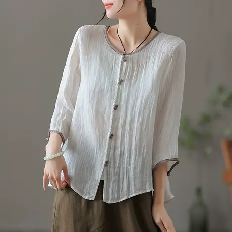 dza 复古高端苎麻上衣女士夏季薄款短袖开衫气质漂亮短款棉麻衬衣商品大图