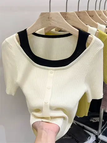 针织衫女短袖夏季2023新款独特别致假两件设计感小众套头洋气上衣商品大图