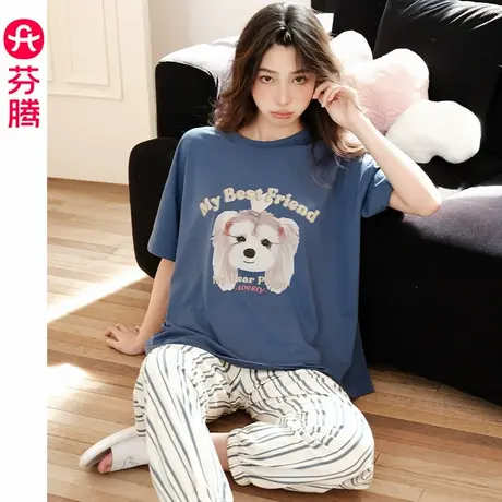芬腾女睡衣新款纯棉夏季薄款短袖长裤宽松夏天凉感休闲家居服套装商品大图
