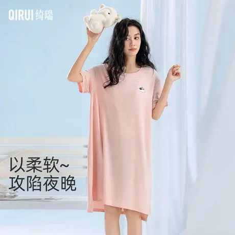 绮瑞新款夏季纯棉睡裙女款大码甜美薄款睡衣家居服宽松中裙带胸垫商品大图