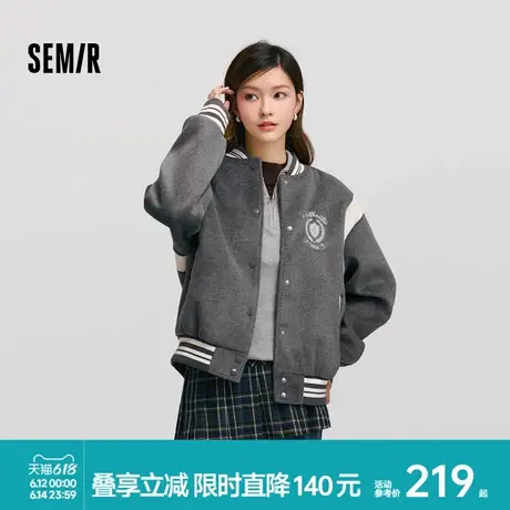 森马外套女刺绣拼接撞色宽松夹克2024新款冬季仿毛呢加厚棒球服图片