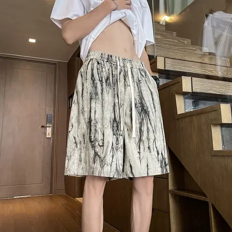 沙滩短裤男夏季薄款美式外穿冰丝运动裤子大码宽松休闲五分大裤衩商品大图