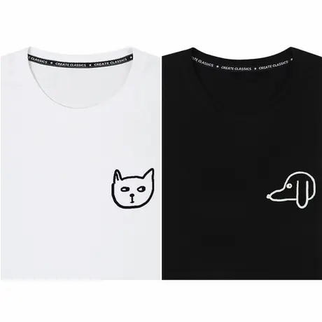 秀洛猫头狗头小众法式情侣款猫猫狗狗情侣装夏季短T恤男女袖体恤商品大图