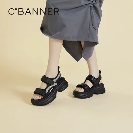 千百度厚底增高沙滩凉鞋女款2024夏季新款休闲度假魔术贴凉鞋舒适图片