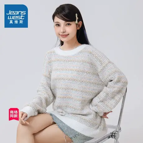 JW真维斯女装圆领针织衫冬季女生甜美风宽松套头长袖毛衣商品大图