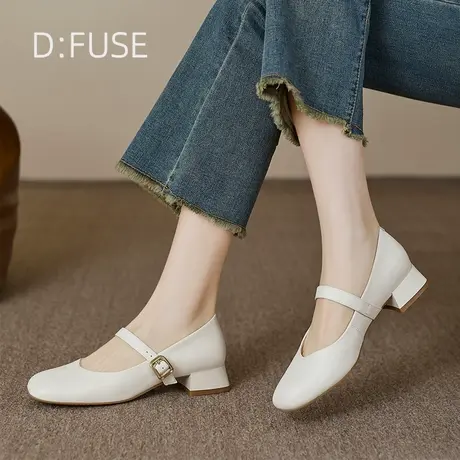 Dfuse迪芙斯圆头温柔白色小皮鞋女2025春季新款粗跟单鞋商品大图