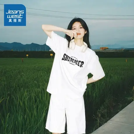 KMV真维斯白色短袖t恤女士2025新款夏季半袖正肩宽松休闲运动体恤商品大图