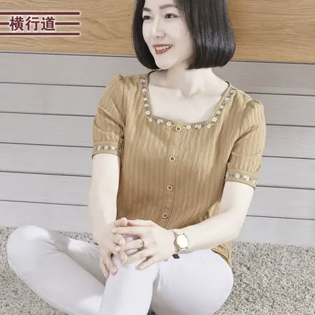 2023夏季新款简约甜美撞色边方领绣花短袖宽松衬衫女正肩显瘦大码图片