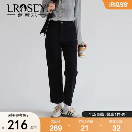 蓝若水大码女装黑色复古直筒牛仔裤秋季新款小个子高腰显瘦烟管裤商品大图