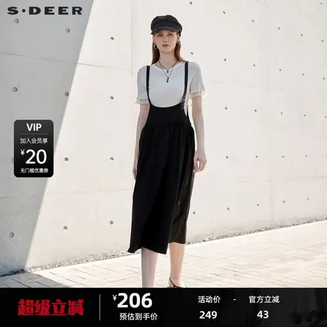 sdeer圣迪奥女装减龄日系碎褶拼接黑色背带裙S23282901商品大图