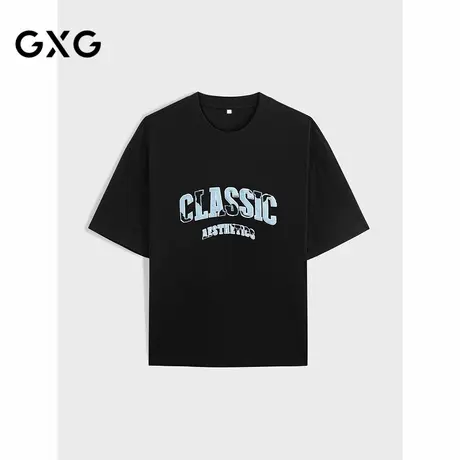 【X】GXG男装黑色休闲学院风圆领短袖T恤男士24年秋G24X443120商品大图