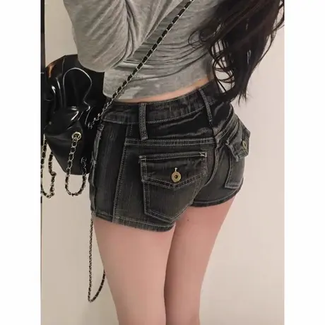 美式复古黑灰色中腰水洗牛仔短裤女弹力紧身显瘦显腿长包臀热裤商品大图