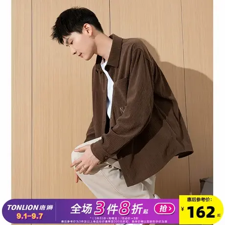 唐狮2024秋冬新款男翻领前胸单口袋文字绣花拼接休闲灯芯绒衬衫潮商品大图