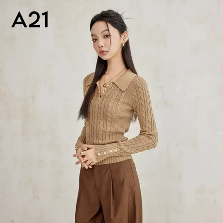 A21A21女装合体翻领平肩半开筒套头毛衫修身显瘦打底衫商品大图