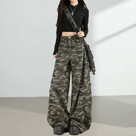 复古迷彩工装牛仔裤女2025秋季新款高腰宽松显瘦垂感拖地阔腿裤子商品大图