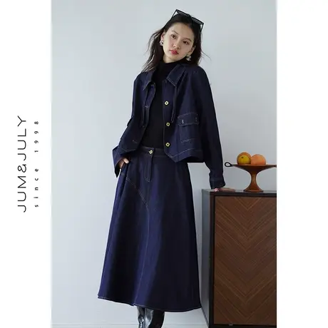 嘉茱莉2023秋冬新款短款牛仔外套女小个子牛仔套装牛仔裤裙三件套商品大图