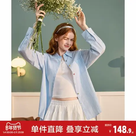 唐狮2026春季新款女条纹长袖衬衫浅蓝色宽松休闲翻领彩色纽扣设计商品大图