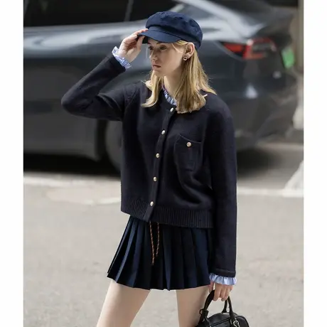 唐狮秋冬季开衫毛线衫女假两件拼接深灰色简约风毛衣外套TM图片