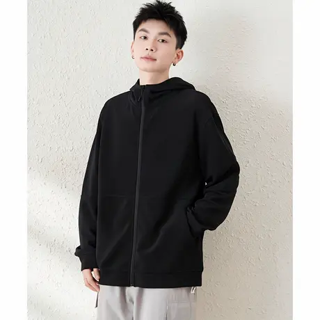 唐狮春秋新款连帽开衫纯色黑色美式拉链休闲外套日常卫衣男士TM商品大图