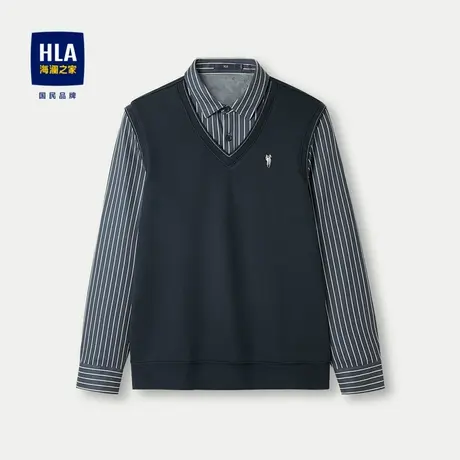 HLA/海澜之家加绒保暖针织衫2023秋冬新款假两件微弹厚款上衣男商品大图
