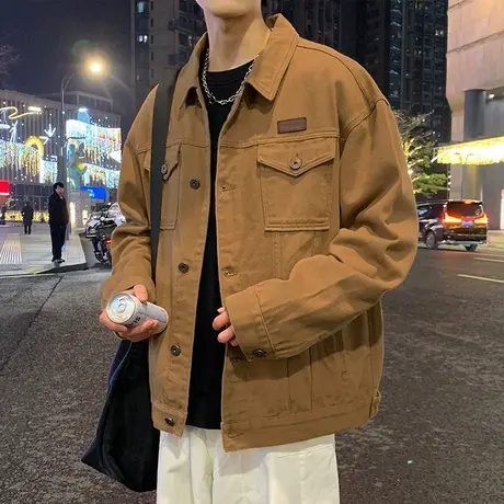 唐狮春季金属小标款牛仔外套男装青少年宽松休闲运动美式黑色潮流商品大图
