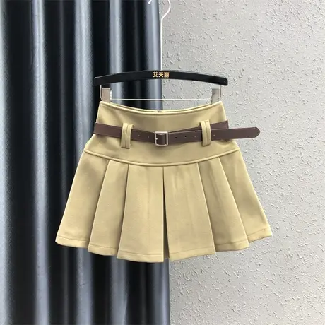 欧货辣妹小众半身裙女2023秋冬新款卡其色高腰百搭防走光百褶短裙图片