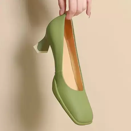 2023夏季新款巨软踩屎感舒适运动底方头单鞋女粗跟高跟鞋荔枝纹图片