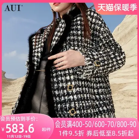 AUI格子宽松气质小香风外套女2023冬新款高端流苏正肩休闲大衣厚商品大图