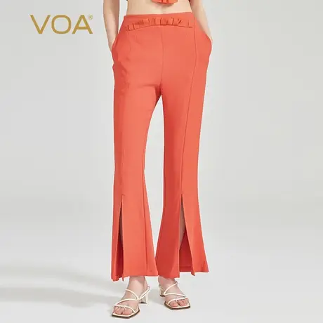 VOA60姆米重磅长空厚桑蚕丝自然腰脚口开叉侧口袋垂顺真丝微喇裤图片
