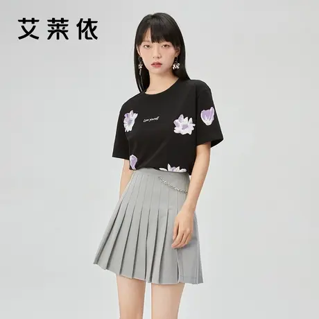 艾莱依气质印花刺绣t恤女装2022夏季新款设计感短袖时尚显瘦上衣商品大图