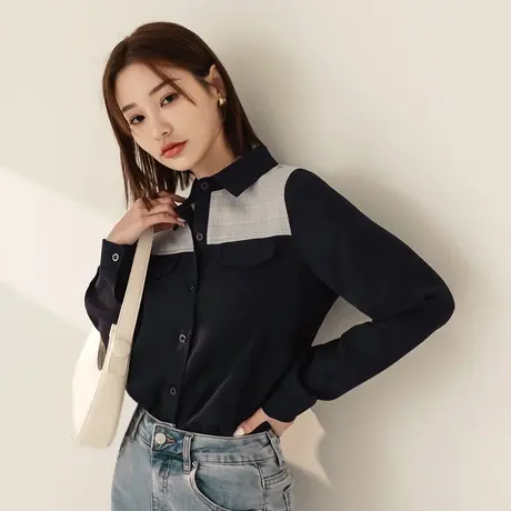 桔熊秋冬学院风不易皱翻领拼接格子衬衫长袖上衣女装大码AB18963图片