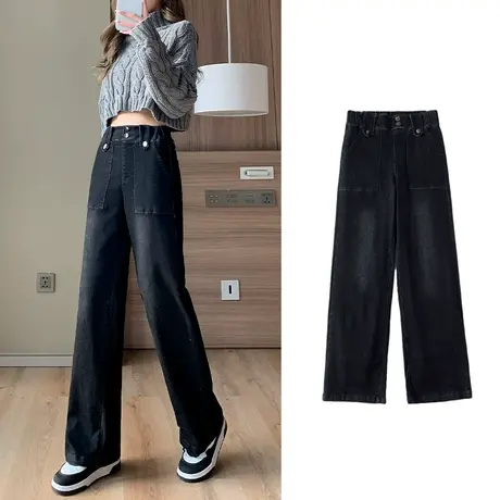 牛仔羽绒裤女外穿时尚高腰2024年春秋新款宽松黑色直筒阔腿棉裤子商品大图