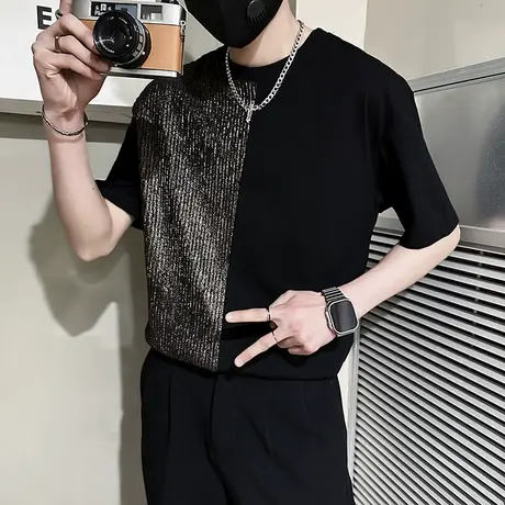 时尚潮流拼接亮片短袖2023新款设计感个性穿搭网红半袖上衣t恤男商品大图