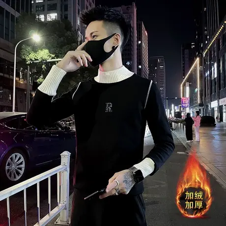 秋冬季加绒加厚卫衣半高领长袖T恤2022新装潮牌撞色内搭打底衫帅商品大图