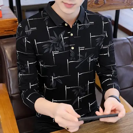 冰丝长袖T恤男士2022秋季潮流纯棉翻领polo衫休闲印花潮牌打底衫商品大图