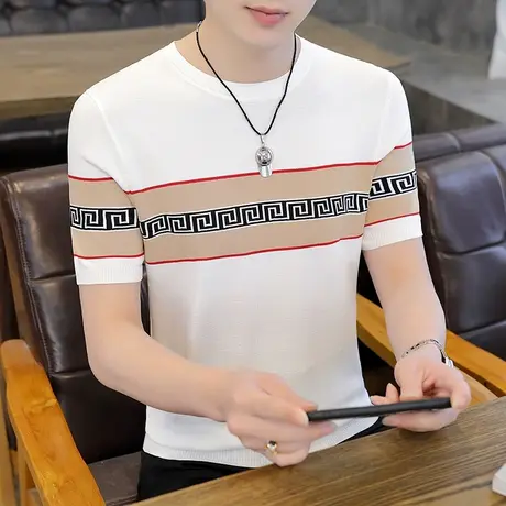 圆领短袖t恤男士夏季冰丝薄款针织体恤潮牌帅气半袖百搭休闲夏装商品大图