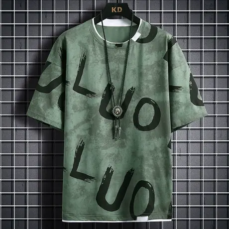 假两件短袖男夏季潮流字母印花半袖体恤衫衣服t凉感青少年男士T恤商品大图