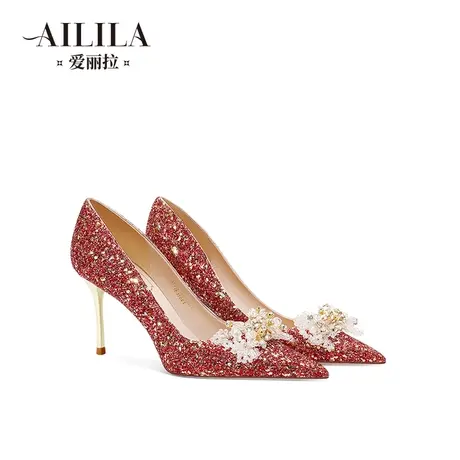 爱丽拉红色结婚鞋女2025新款春季禾秀服婚纱两穿新娘高跟鞋不累脚图片