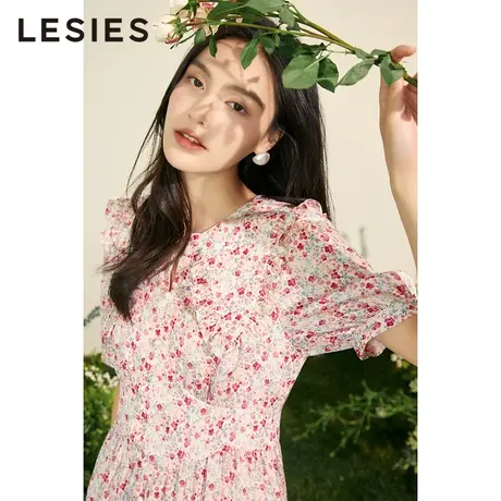 LESIES蓝色倾情春夏女新款印花收腰显瘦雪纺翻领短袖中长连衣裙图片
