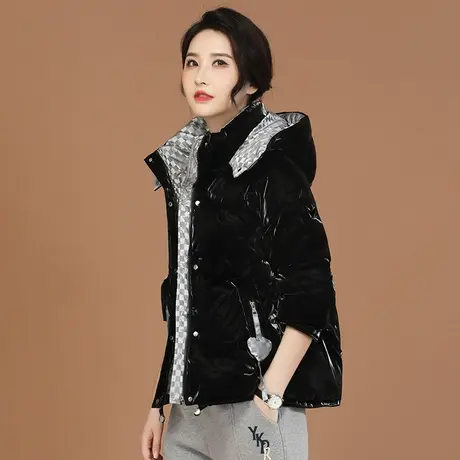 韩潮袭人设计感连帽亮面棉服棉衣女冬季新款格子外套面包服图片