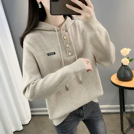 2023秋季新款纯色连帽女士针织衫套头卫衣女宽松时尚百搭外套女装商品大图