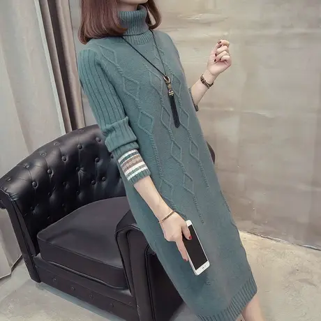 高领女士内搭中长款毛衣裙秋冬季新款宽松外穿麻花加厚打底衫过膝商品大图