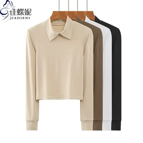 春秋新款翻领短款纯欲修身纯色纯棉显瘦长袖体恤上衣内搭女打底衫商品大图