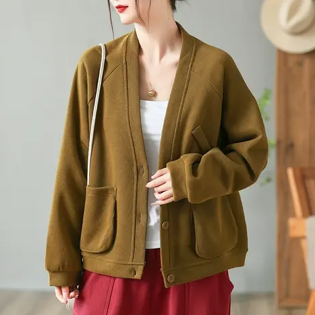 dza复古宽松V领休闲外套女士春秋新款百搭长袖上衣纯色三粒扣开衫图片