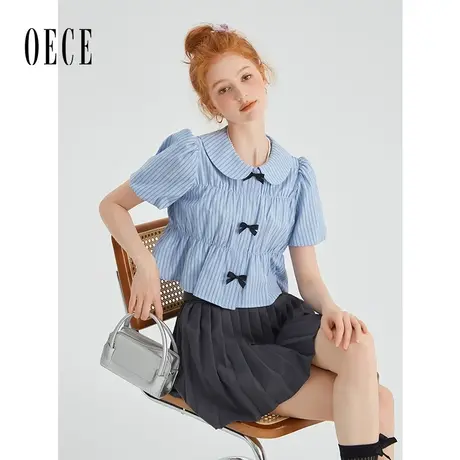 Oece复古条纹衬衫女夏季新款减龄气质上衣商品大图