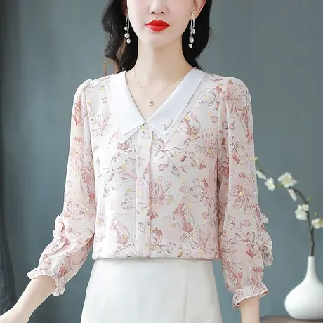 很仙时尚印花衬衫九分袖雪纺衫女2023春秋新款设计感遮肉减龄小衫商品大图