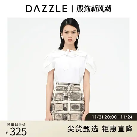 DAZZLE地素奥莱 泡泡袖蝴蝶结短袖白衬衫上衣女2D3D3211C图片