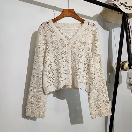 镂空针织开衫女春夏外穿新款吊带裙子外搭钩花长袖防晒上衣小外套商品大图