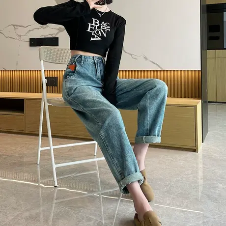 九分哈伦高腰牛仔裤女秋季新款梨形身材宽松显瘦百搭直筒老爹裤子商品大图